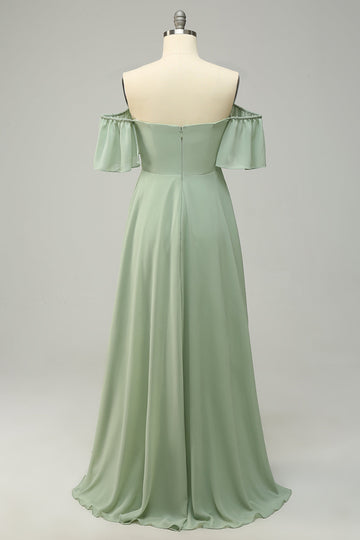 A Line Off the Shoulder Green Long Plus Size Bridesmaid Dress with Ruffles